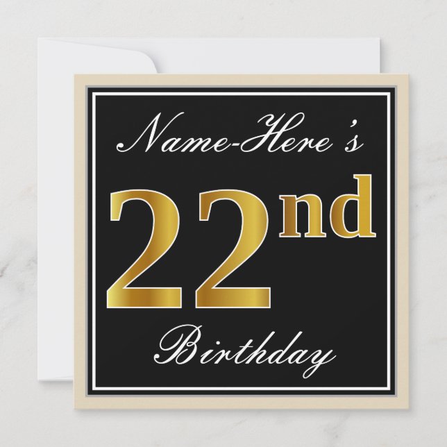 Elegant, Black, Faux Gold 22nd Birthday + Name Invitation (Front)