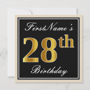 Elegant, Black, Faux Gold 28th Birthday + Name Invitation