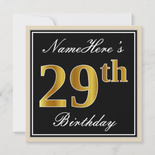 Elegant, Black, Faux Gold 29th Birthday + Name Invitation