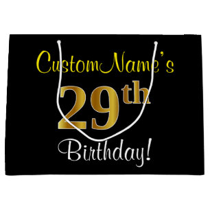 Elegant, Black, Faux Gold 29th Birthday + Name Large Gift Bag