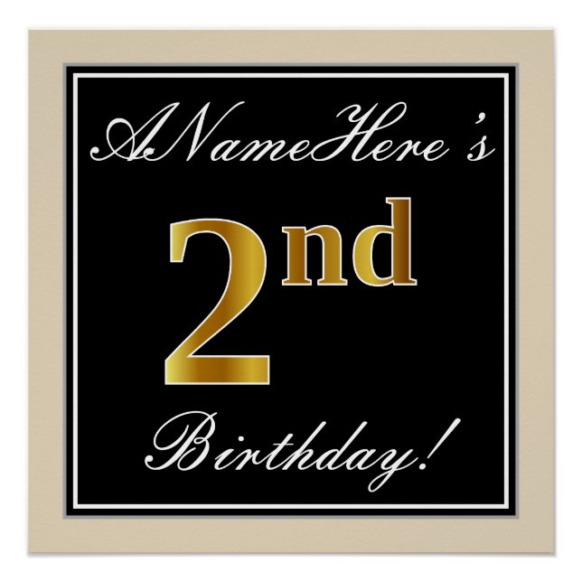 Elegant, Black, Faux Gold 2nd Birthday + Name Poster (Front)