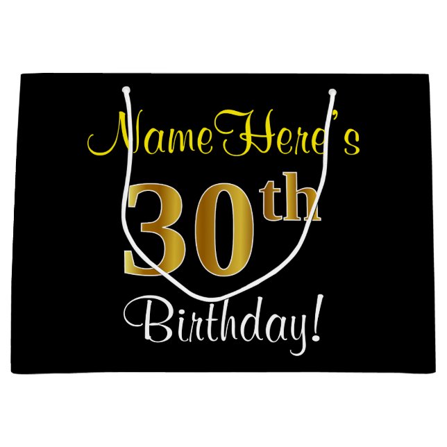 Elegant, Black, Faux Gold 30th Birthday + Name Large Gift Bag (Front)