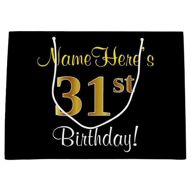 Elegant, Black, Faux Gold 31st Birthday + Name Large Gift Bag (Front)