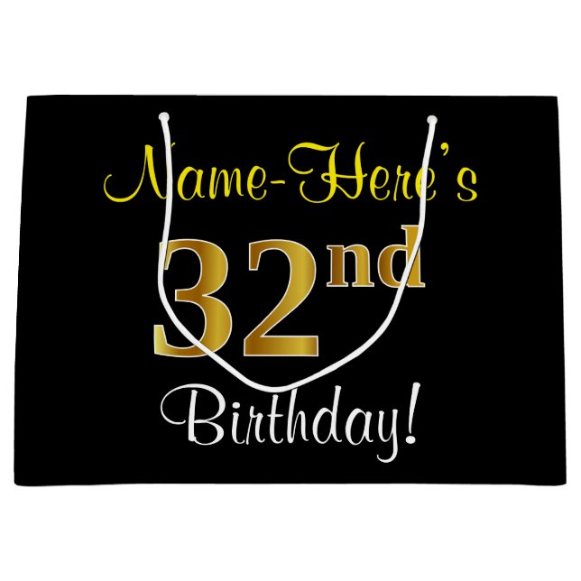 Elegant, Black, Faux Gold 32nd Birthday + Name Large Gift Bag (Front)