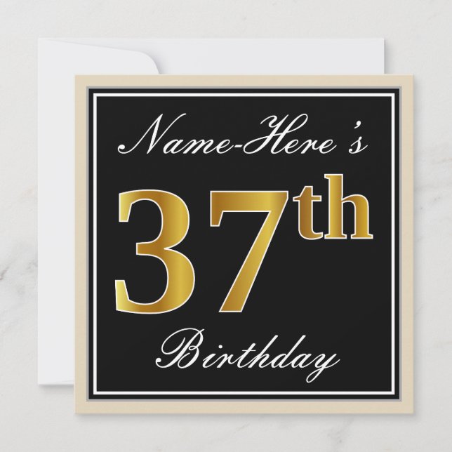 Elegant, Black, Faux Gold 37th Birthday + Name Invitation (Front)