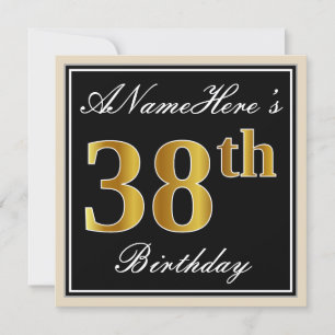 Elegant, Black, Faux Gold 38th Birthday + Name Invitation