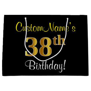 Elegant, Black, Faux Gold 38th Birthday + Name Large Gift Bag