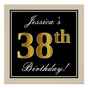 Elegant, Black, Faux Gold 38th Birthday + Name Poster