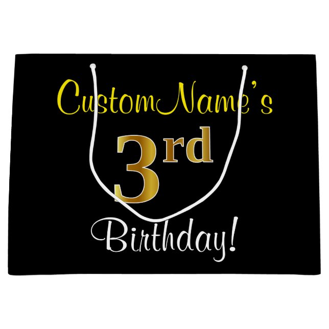 Elegant, Black, Faux Gold 3rd Birthday + Name Large Gift Bag (Front)