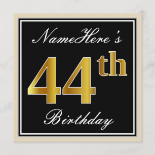 Elegant, Black, Faux Gold 44th Birthday + Name Invitation