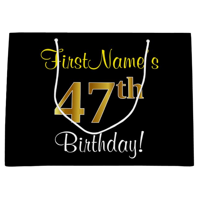 Elegant, Black, Faux Gold 47th Birthday + Name Large Gift Bag (Front)