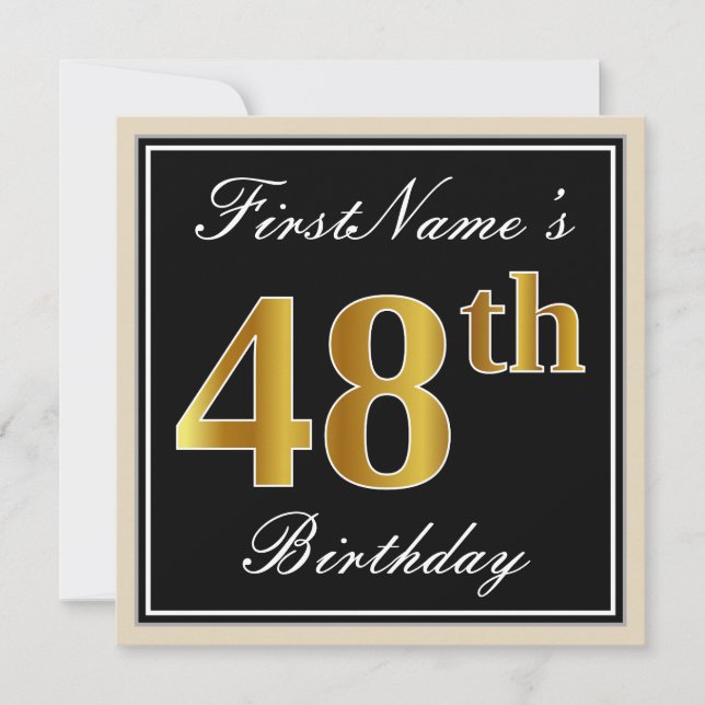 Elegant, Black, Faux Gold 48th Birthday + Name Invitation (Front)