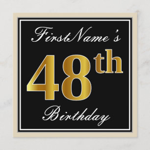 Elegant, Black, Faux Gold 48th Birthday + Name Invitation