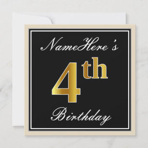 Elegant, Black, Faux Gold 4th Birthday + Name Invitation