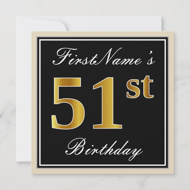 Elegant, Black, Faux Gold 51st Birthday + Name Invitation (Front)