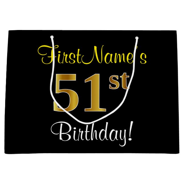 Elegant, Black, Faux Gold 51st Birthday + Name Large Gift Bag (Front)