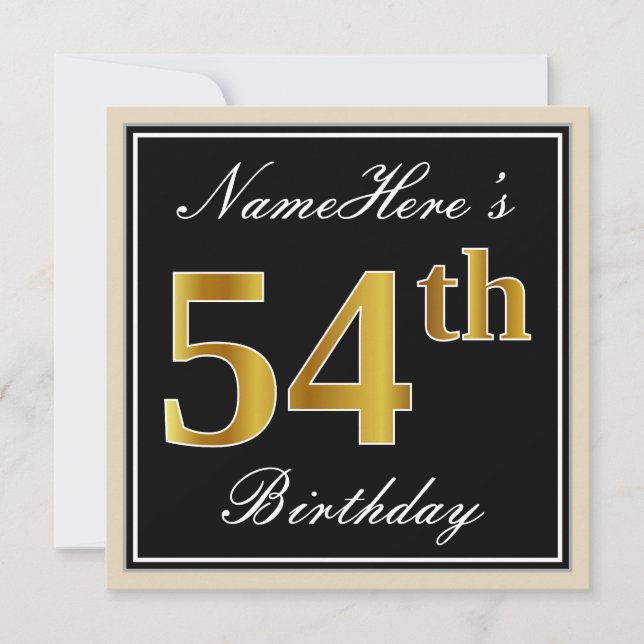Elegant, Black, Faux Gold 54th Birthday + Name Invitation (Front)