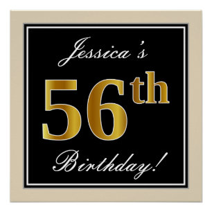 Elegant, Black, Faux Gold 56th Birthday + Name Poster