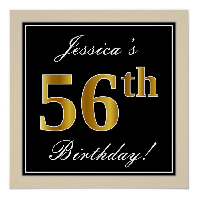 Elegant, Black, Faux Gold 56th Birthday + Name Poster (Front)