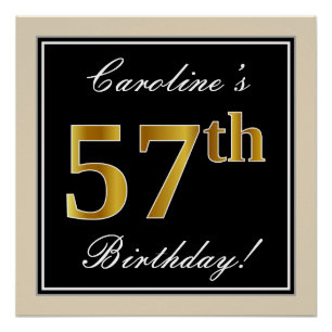 Elegant, Black, Faux Gold 57th Birthday + Name Poster
