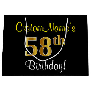 Elegant, Black, Faux Gold 58th Birthday + Name Large Gift Bag
