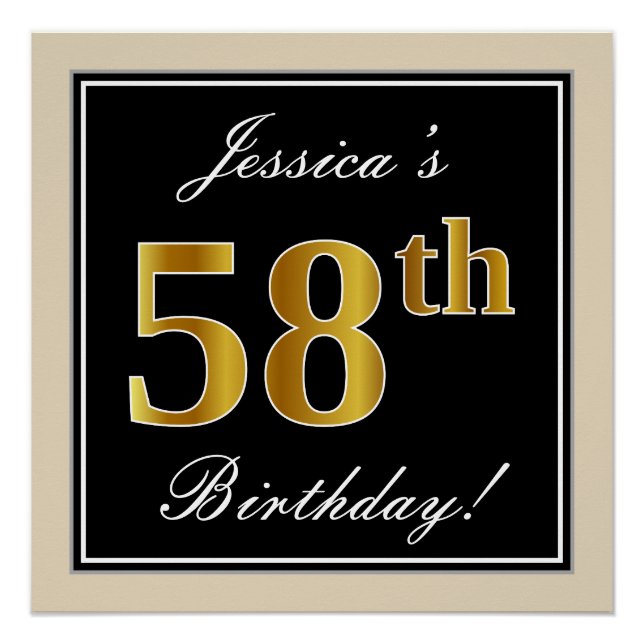 Elegant, Black, Faux Gold 58th Birthday + Name Poster (Front)