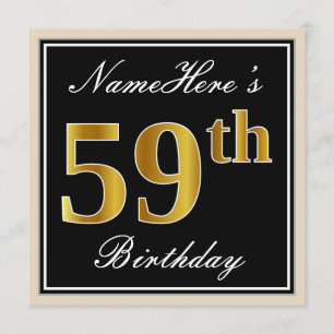 Elegant, Black, Faux Gold 59th Birthday + Name Invitation