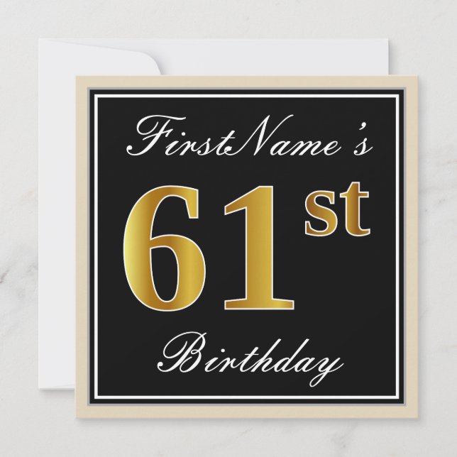 Elegant, Black, Faux Gold 61st Birthday + Name Invitation (Front)