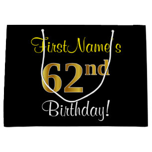 Elegant, Black, Faux Gold 62nd Birthday + Name Large Gift Bag