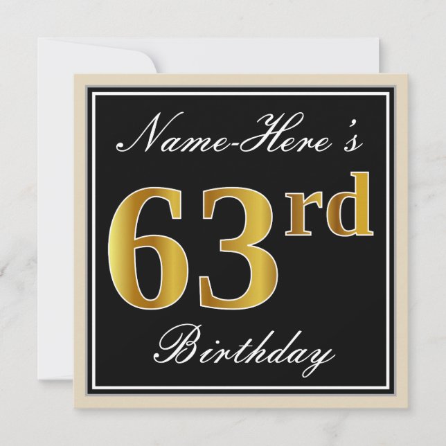Elegant, Black, Faux Gold 63rd Birthday + Name Invitation (Front)