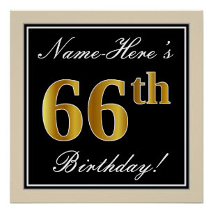 Elegant, Black, Faux Gold 66th Birthday + Name Poster