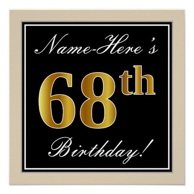 Elegant, Black, Faux Gold 68th Birthday + Name Poster (Front)