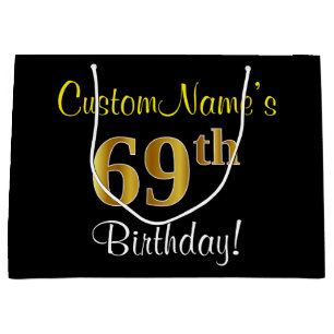 Elegant, Black, Faux Gold 69th Birthday + Name Large Gift Bag
