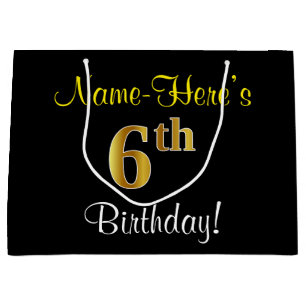 Elegant, Black, Faux Gold 6th Birthday + Name Large Gift Bag