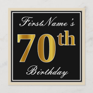 Elegant, Black, Faux Gold 70th Birthday + Name Invitation