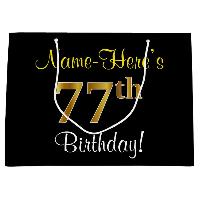 Elegant, Black, Faux Gold 77th Birthday + Name Large Gift Bag (Front)
