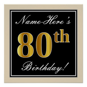 Elegant, Black, Faux Gold 80th Birthday + Name Poster