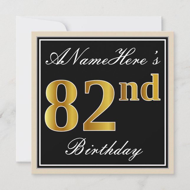 Elegant, Black, Faux Gold 82nd Birthday + Name Invitation (Front)