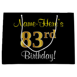 Elegant, Black, Faux Gold 83rd Birthday + Name Large Gift Bag