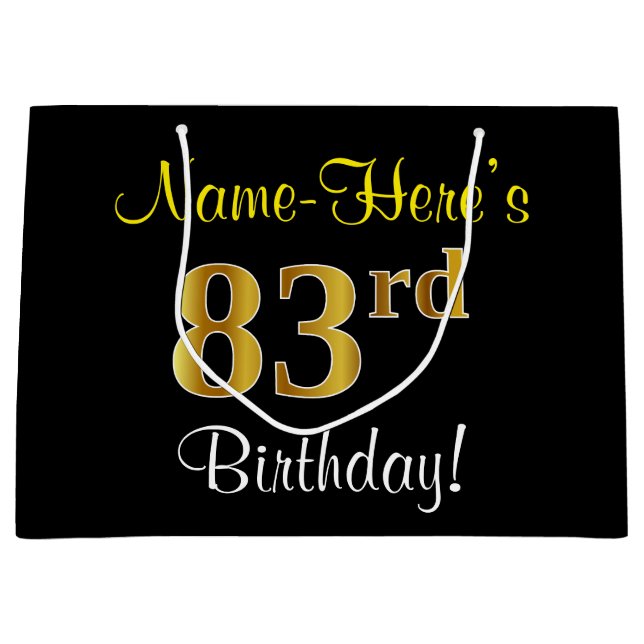 Elegant, Black, Faux Gold 83rd Birthday + Name Large Gift Bag (Front)