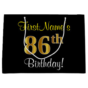 Elegant, Black, Faux Gold 86th Birthday + Name Large Gift Bag