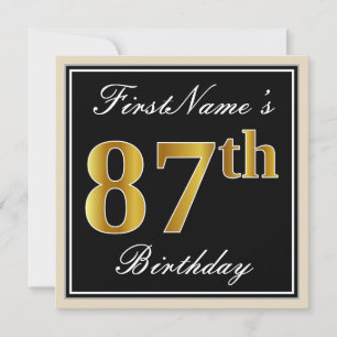 Elegant, Black, Faux Gold 87th Birthday + Name Invitation