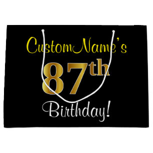 Elegant, Black, Faux Gold 87th Birthday + Name Large Gift Bag