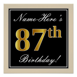Elegant, Black, Faux Gold 87th Birthday + Name Poster
