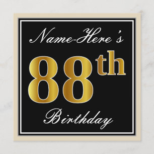 Elegant, Black, Faux Gold 88th Birthday + Name Invitation