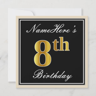Elegant, Black, Faux Gold 8th Birthday + Name Invitation