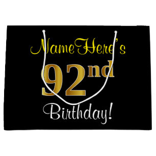 Elegant, Black, Faux Gold 92nd Birthday + Name Large Gift Bag
