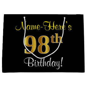 Elegant, Black, Faux Gold 98th Birthday + Name Large Gift Bag