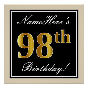 Elegant, Black, Faux Gold 98th Birthday + Name Poster