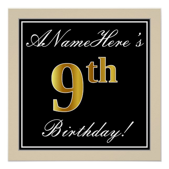 Elegant, Black, Faux Gold 9th Birthday + Name Poster (Front)